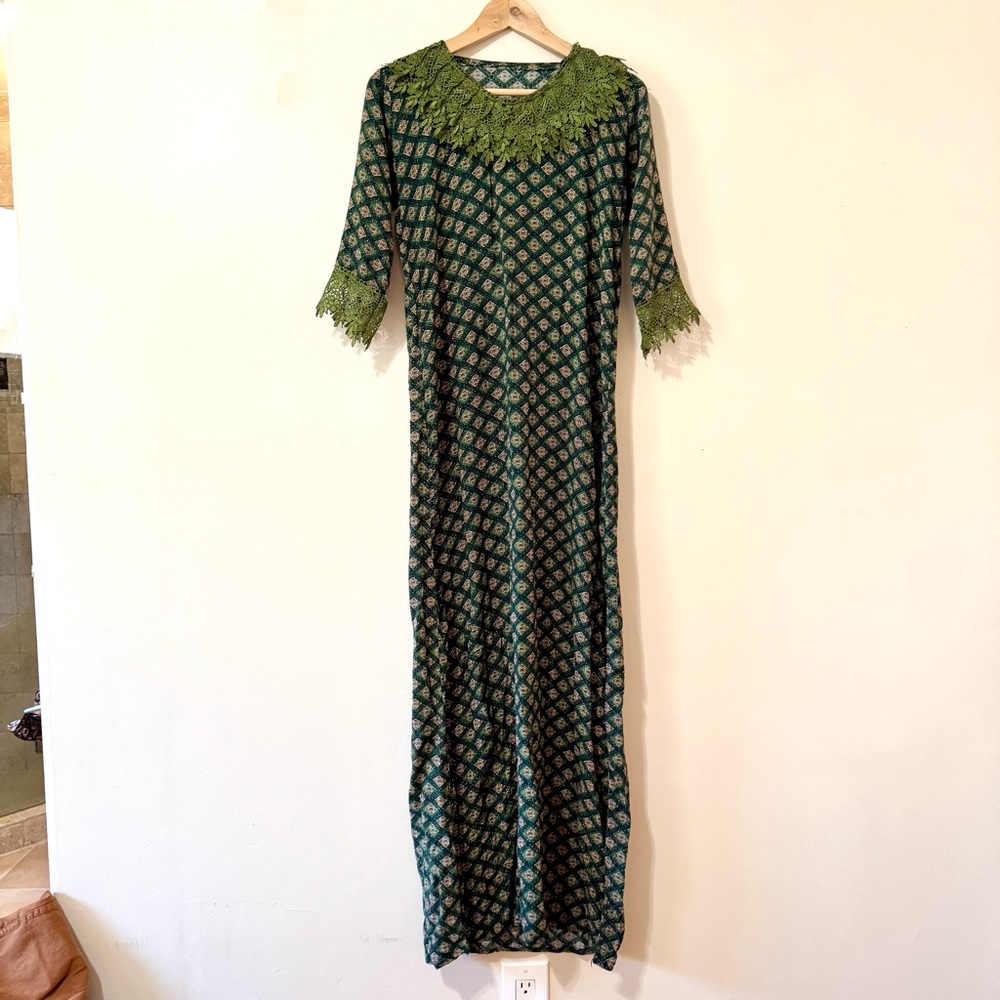 Vintage 70s Green Dress Maxi Diamond Geometric Lace Half Sleeve Handmade Small